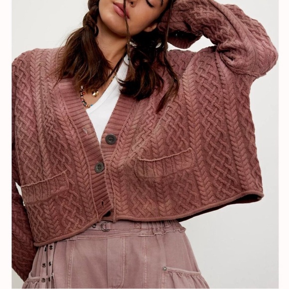 Free People Sweaters - Free People- Washed Ashore Cable Knit Cardigan, Pink Mauve Size M (OVERSIZED)